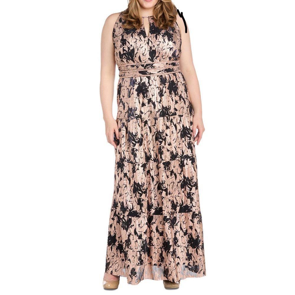 Elegant Black and Bronze Floral Maxi Dress